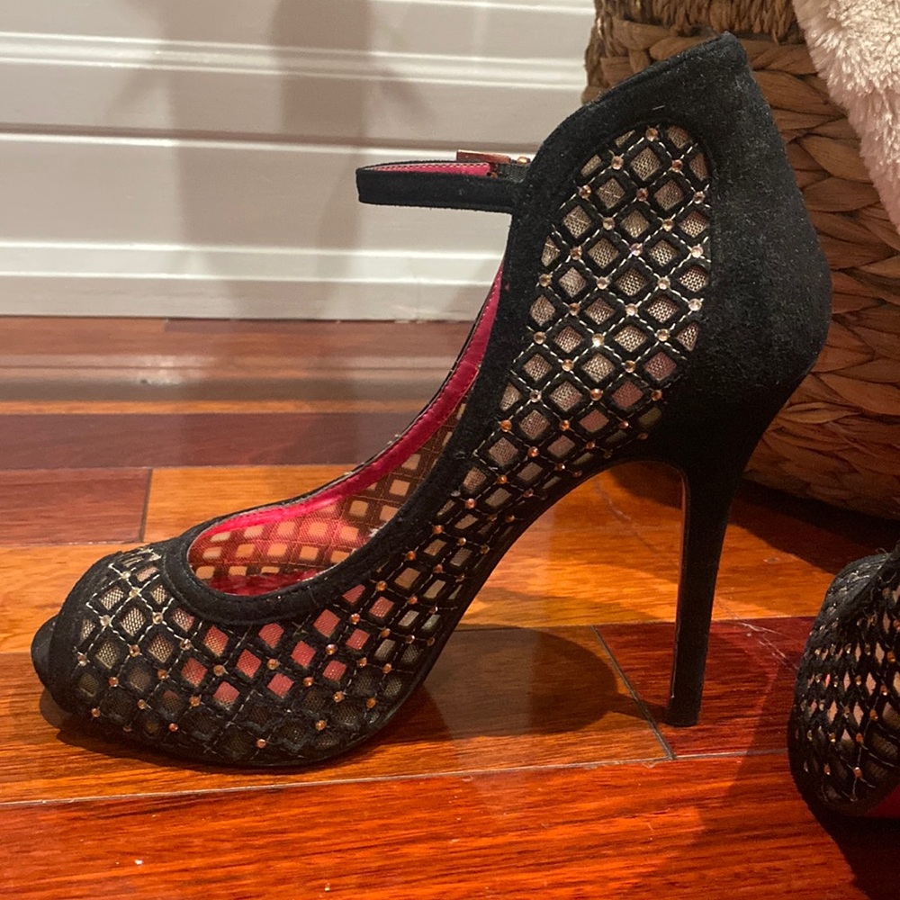 Barbie heels. Crystal detail along shear material, suede back. Pink sole.
